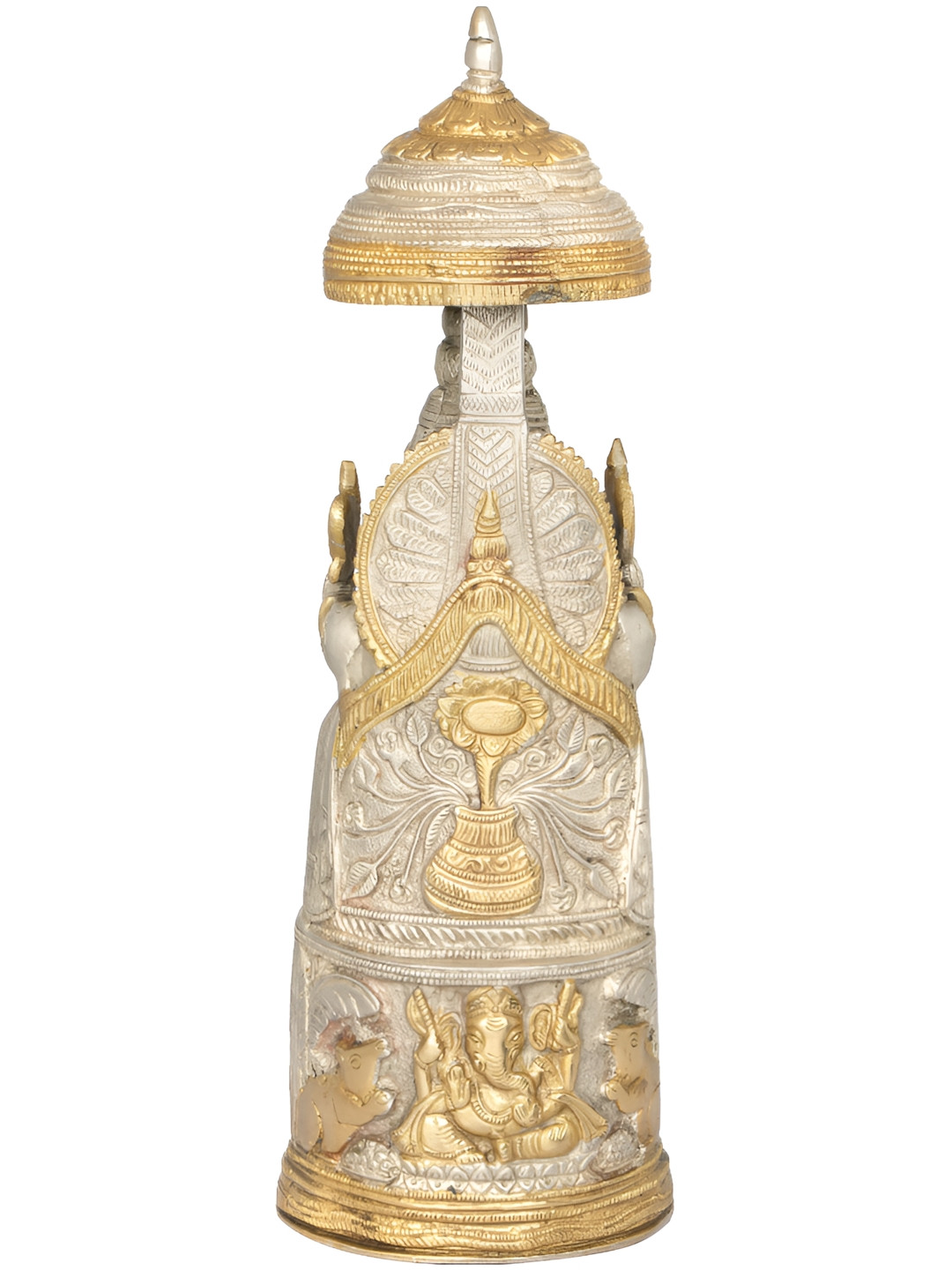 Exotic India Raja Ganesha with Gaja Lakshmi Carved in Pedestal White Brass Metallic Prayer Room Hand Made Medium Showpiece - 10.5 Inches