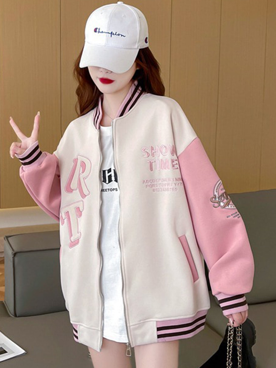 Pink & Beige Typography Printed Stand Collar Casual Jacket