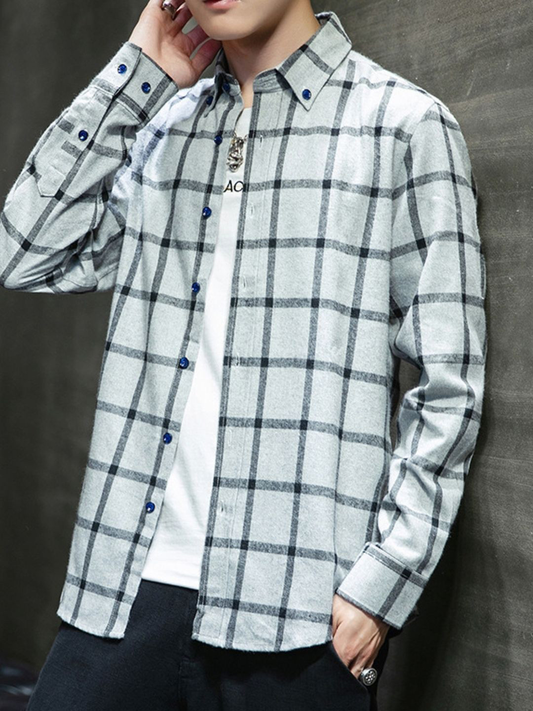 KPOP Men Grey Windowpane Checks Casual Shirt
