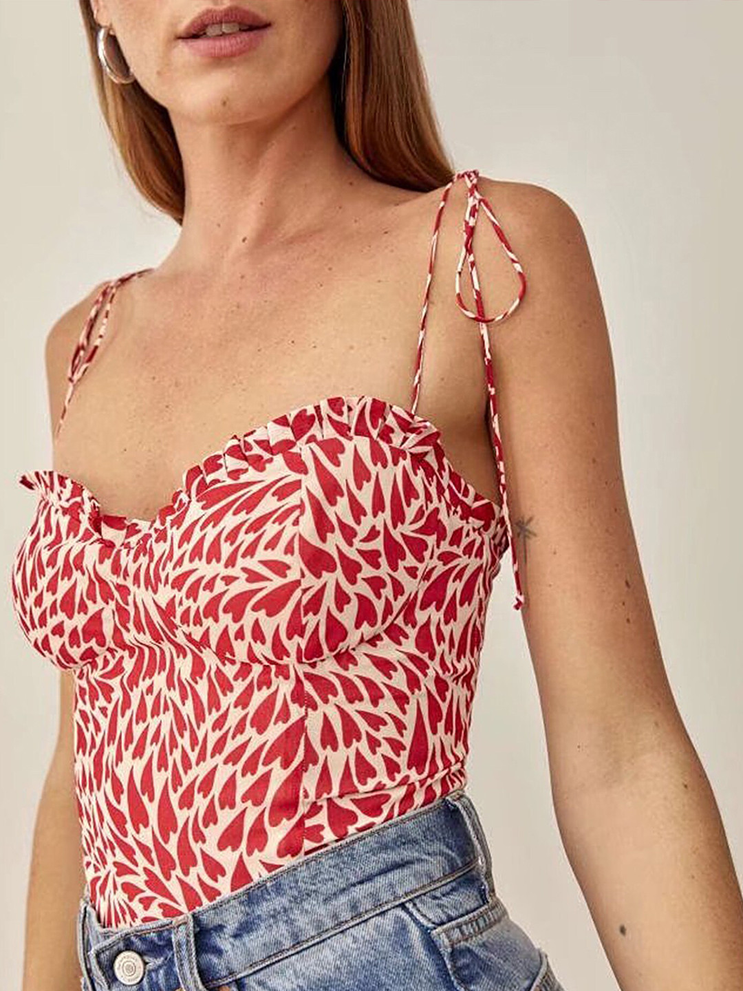 LULU & SKY Red Heart Print Sweetheart Neck Smocked Top