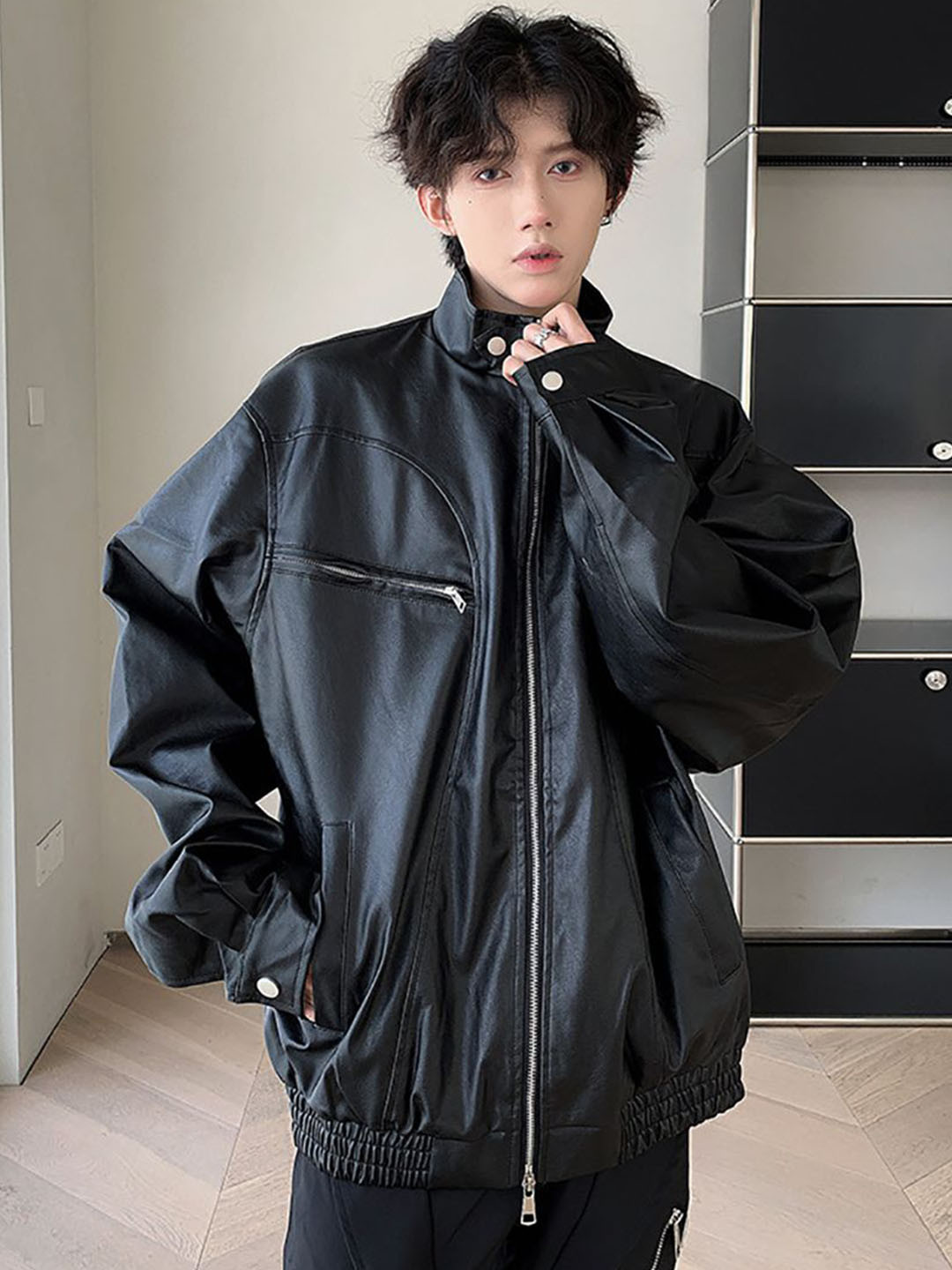 StyleCast x Revolte Men Lightweight Oversized Leather Jacket