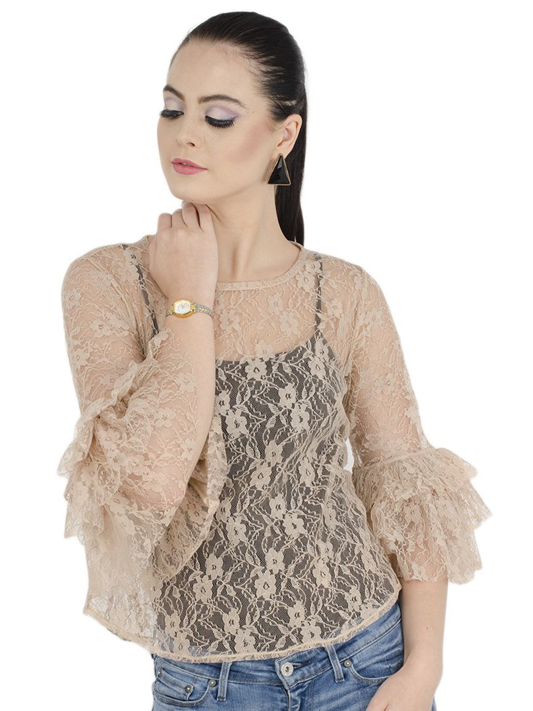 V&M Women Beige Bell Sleeve Net Top