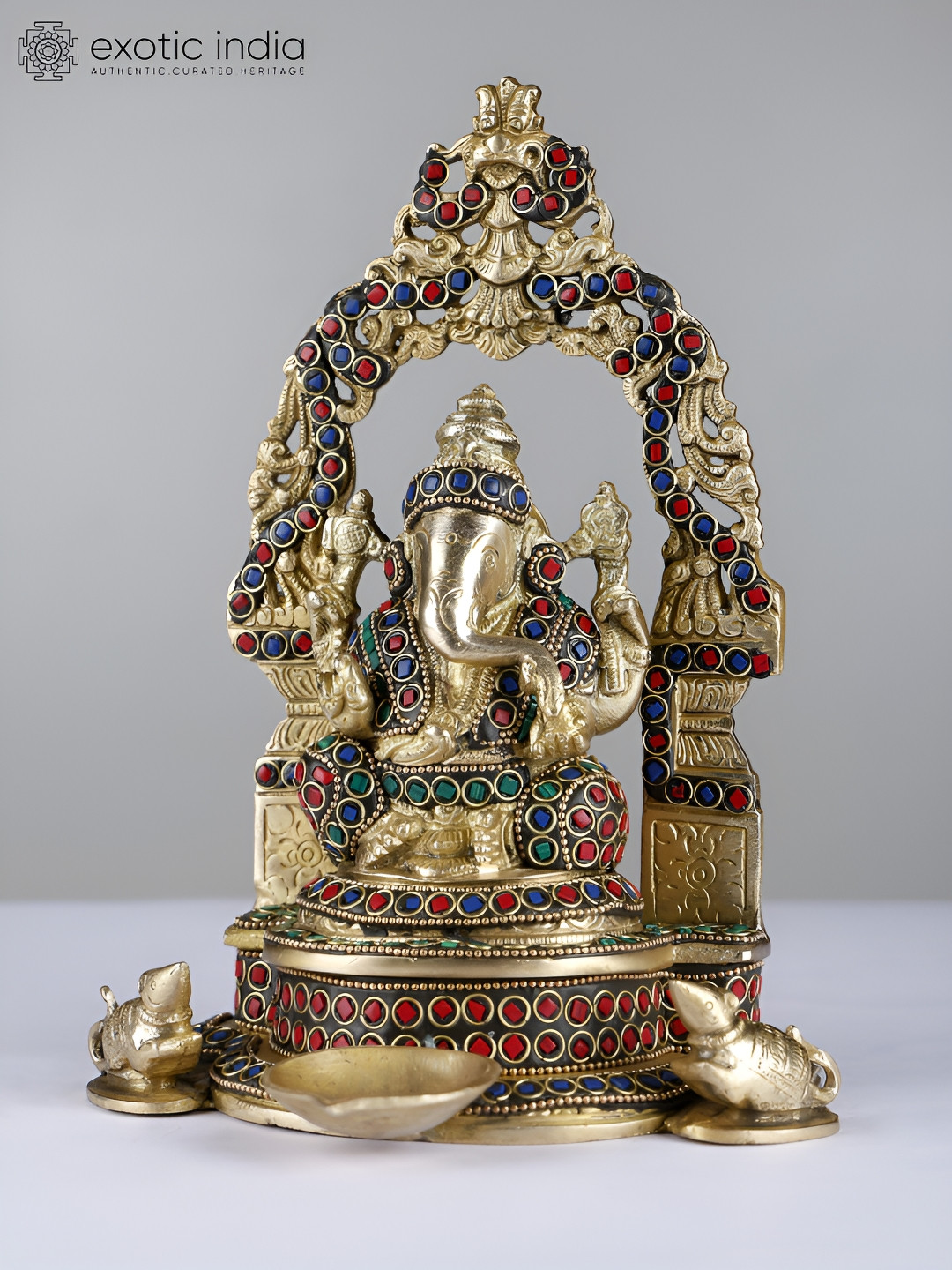 Exotic India Lord Ganesha with inlay Work Gold Brass Metallic Prayer Room Medium Showpiece - 9 Inches