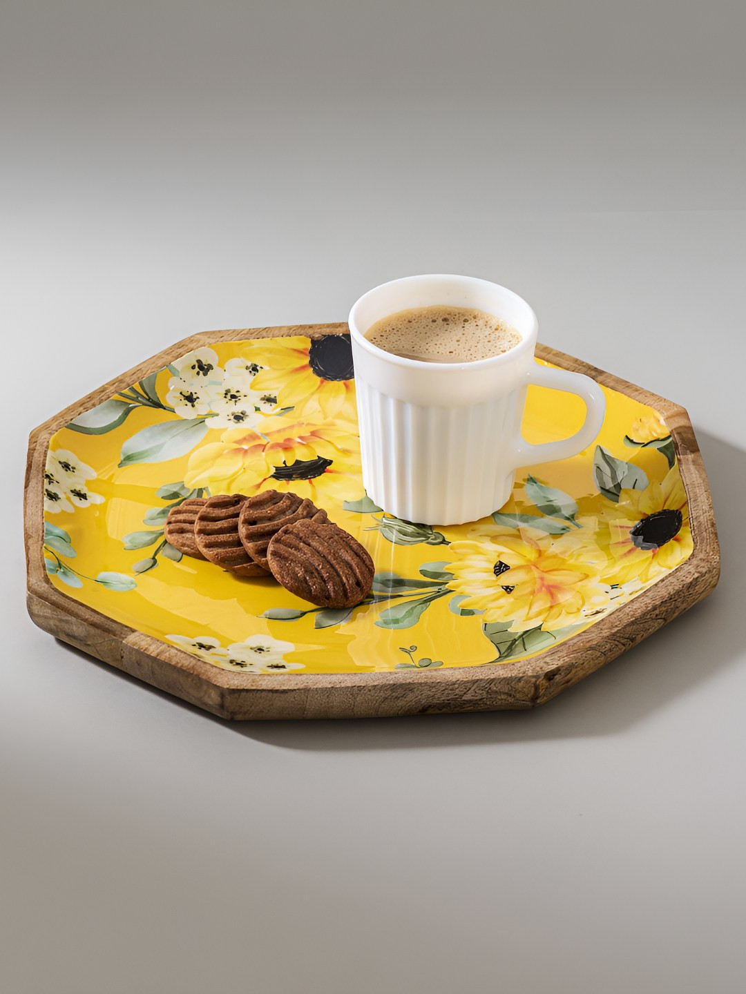 THREADVIBE LIVING Yellow & Beige 2 Pieces Printed Wooden Food Platters