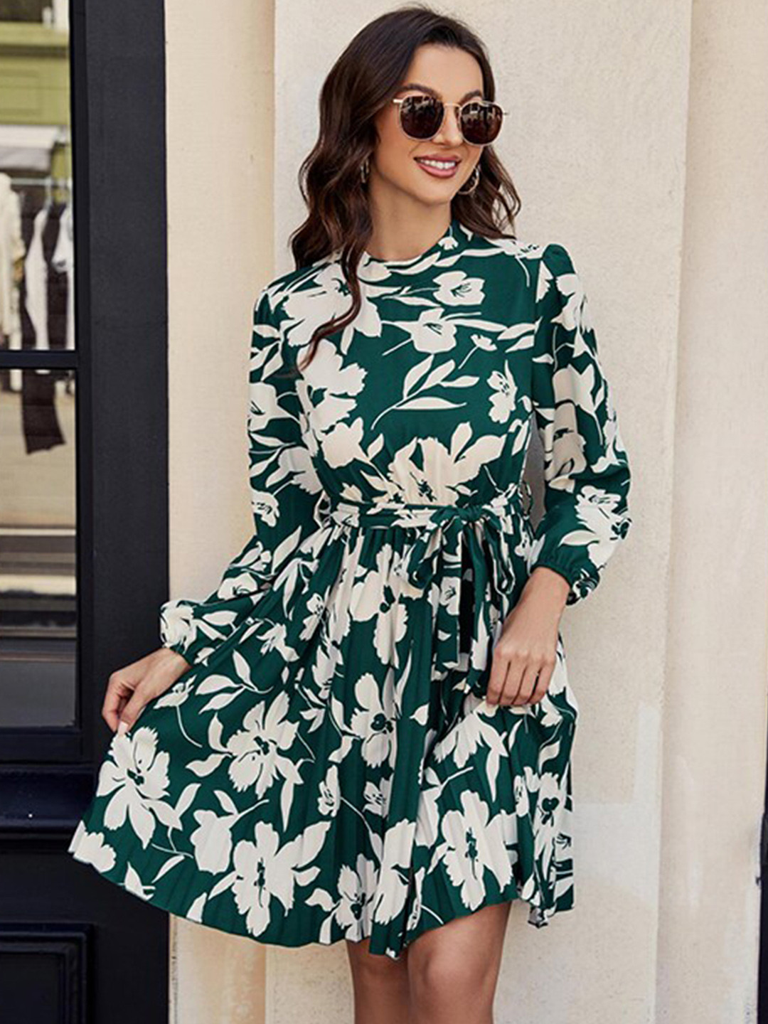 StyleCast Green & White Floral Printed Tie Ups A Line Mini Dress