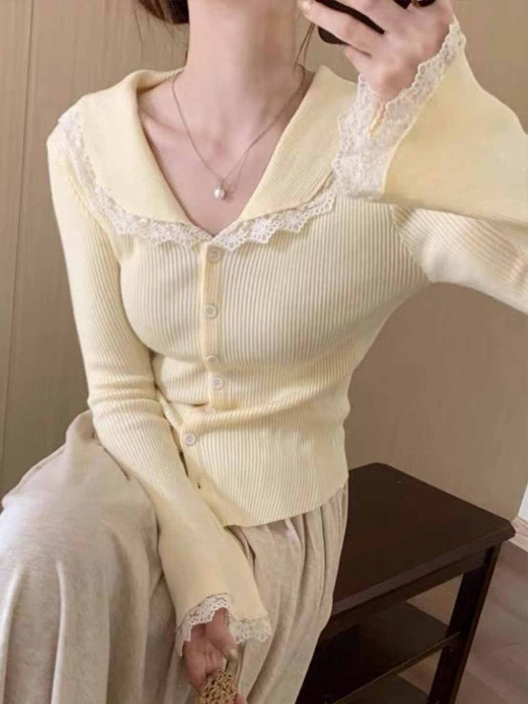 KPOP Women Ribbed Peter Pan Collar Top