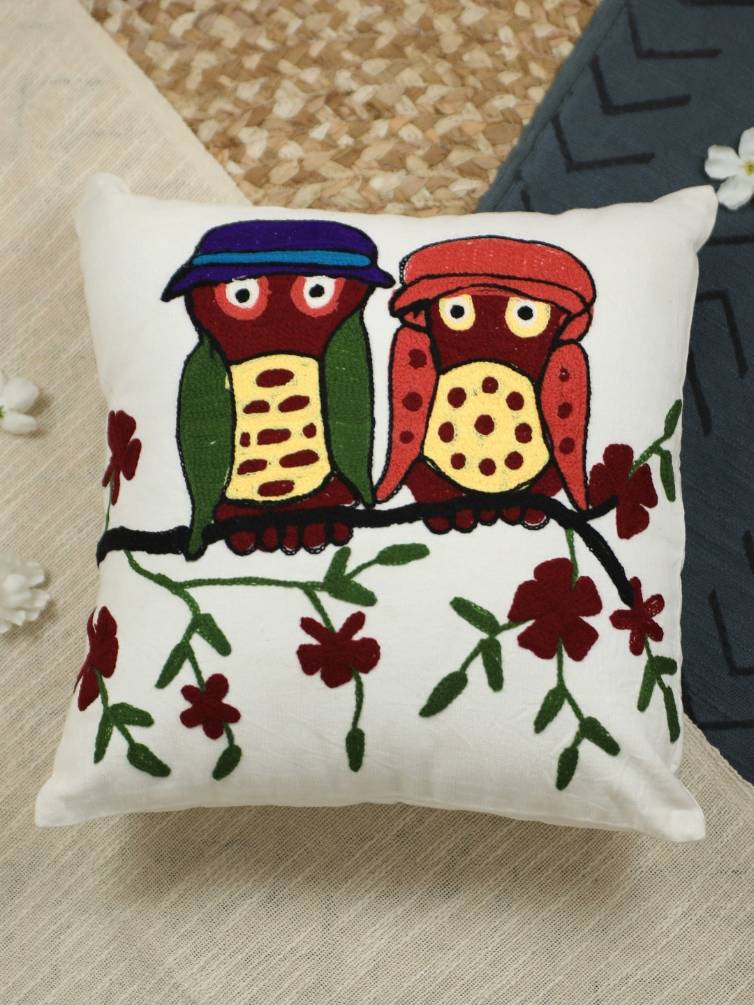 Trade Star White & Brown Embroidered Square Pure Cotton Pillow Cover