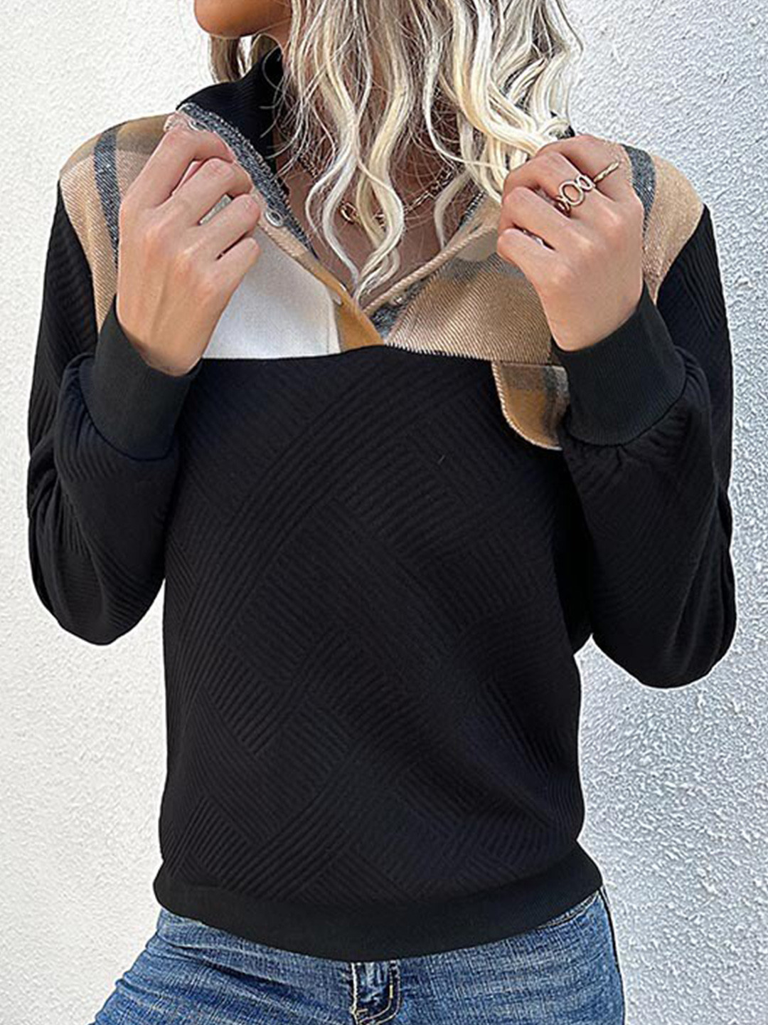 StyleCast Black Checked Shirt Collar Long Sleeve Top