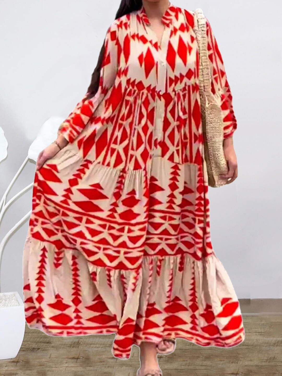 StyleCast Red Geometric Print Mandarin Collar Maxi Dress