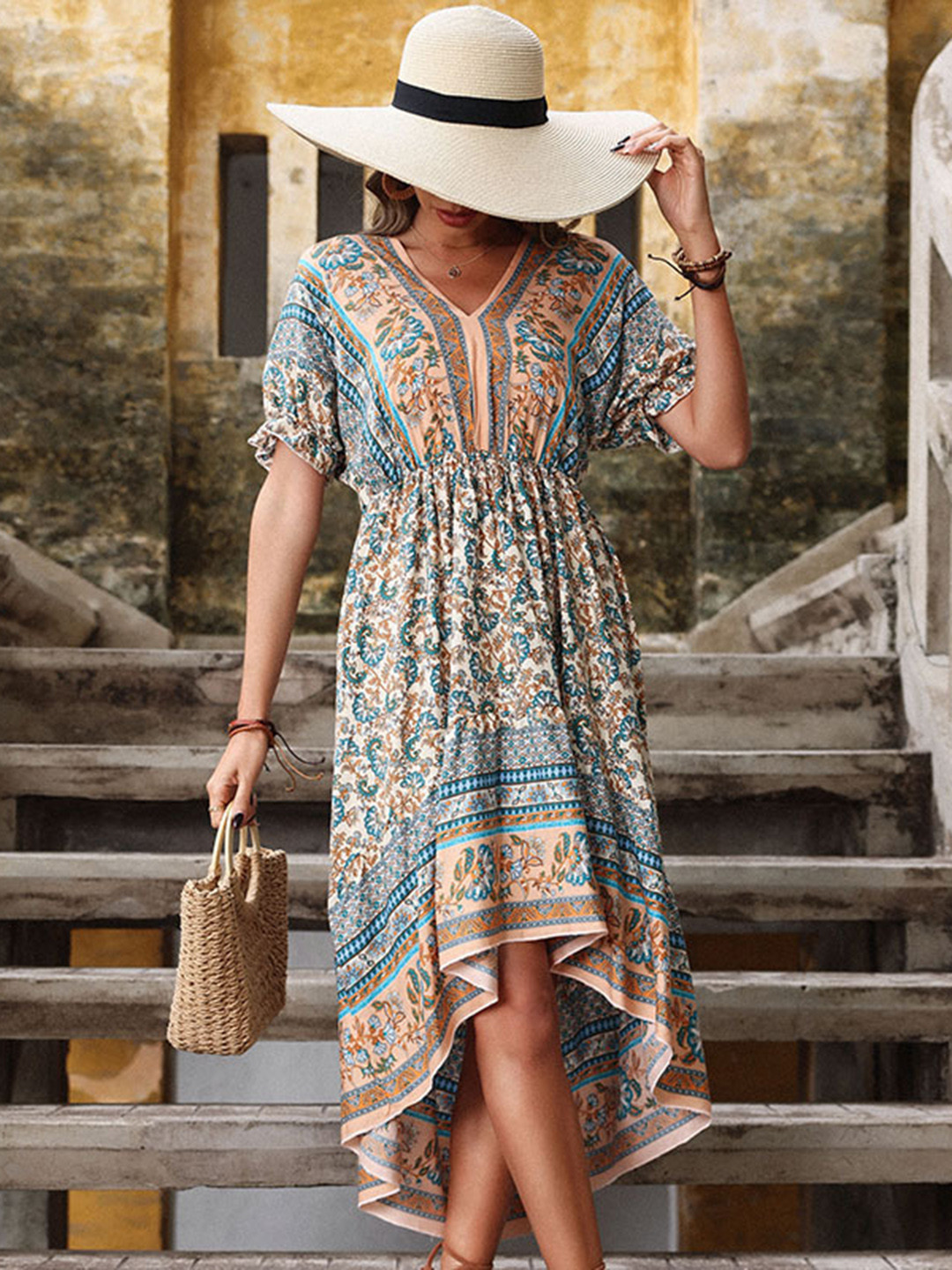 StyleCast Beige Floral Print Cuffed Sleeves A-Line Dress