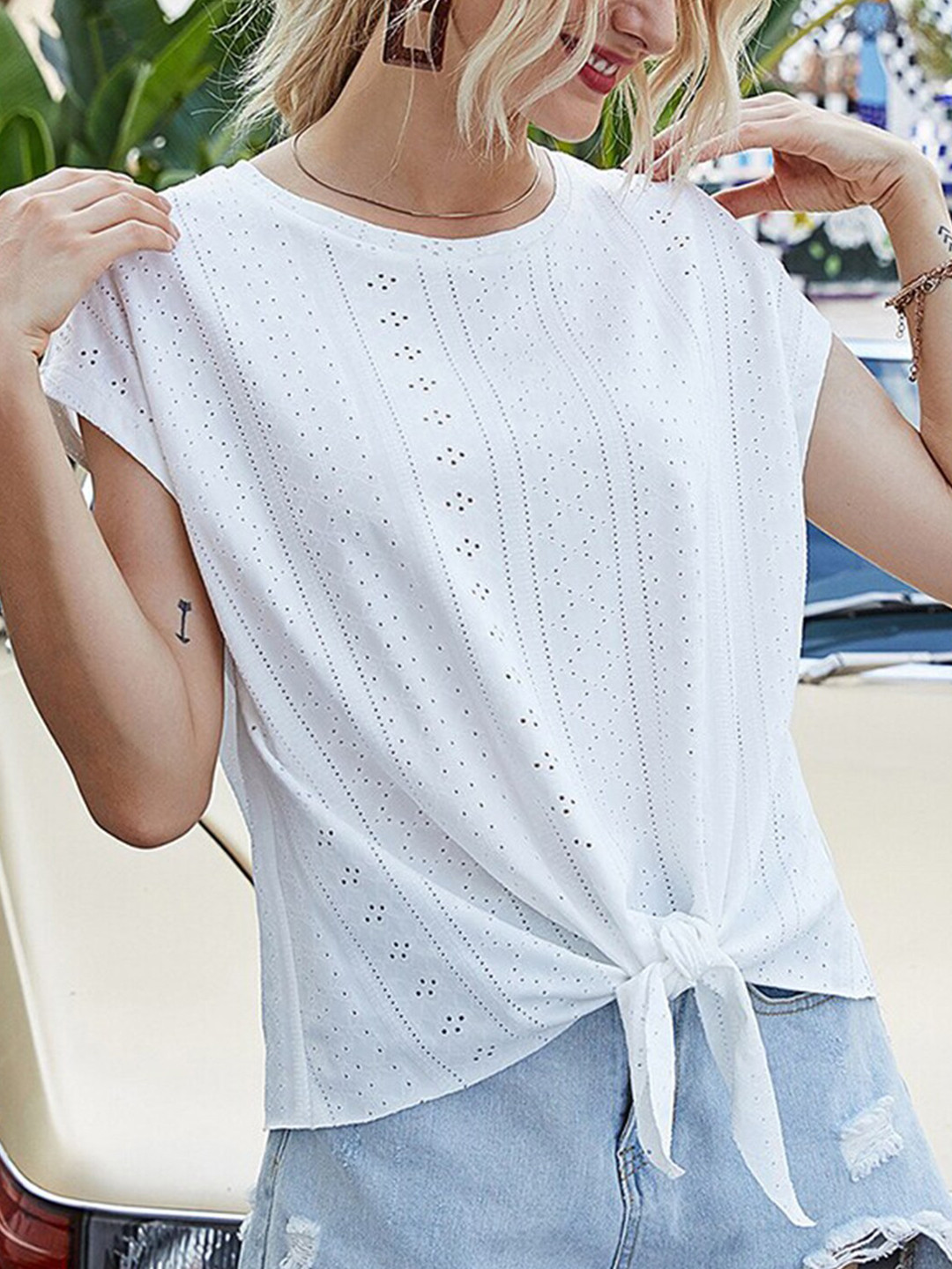 StyleCast x Revolte White Self Design Top with Tie-Ups