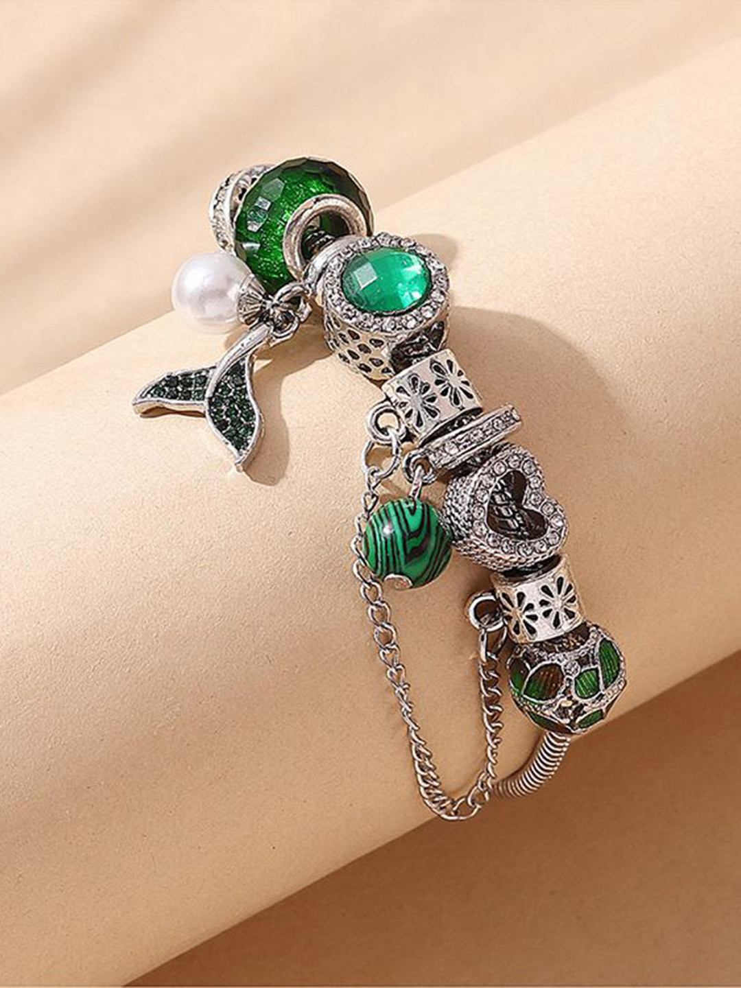 Just Lil Things Silver-Plated Stones Studded & Beaded Heart Dolphin Tail Charms Bracelet