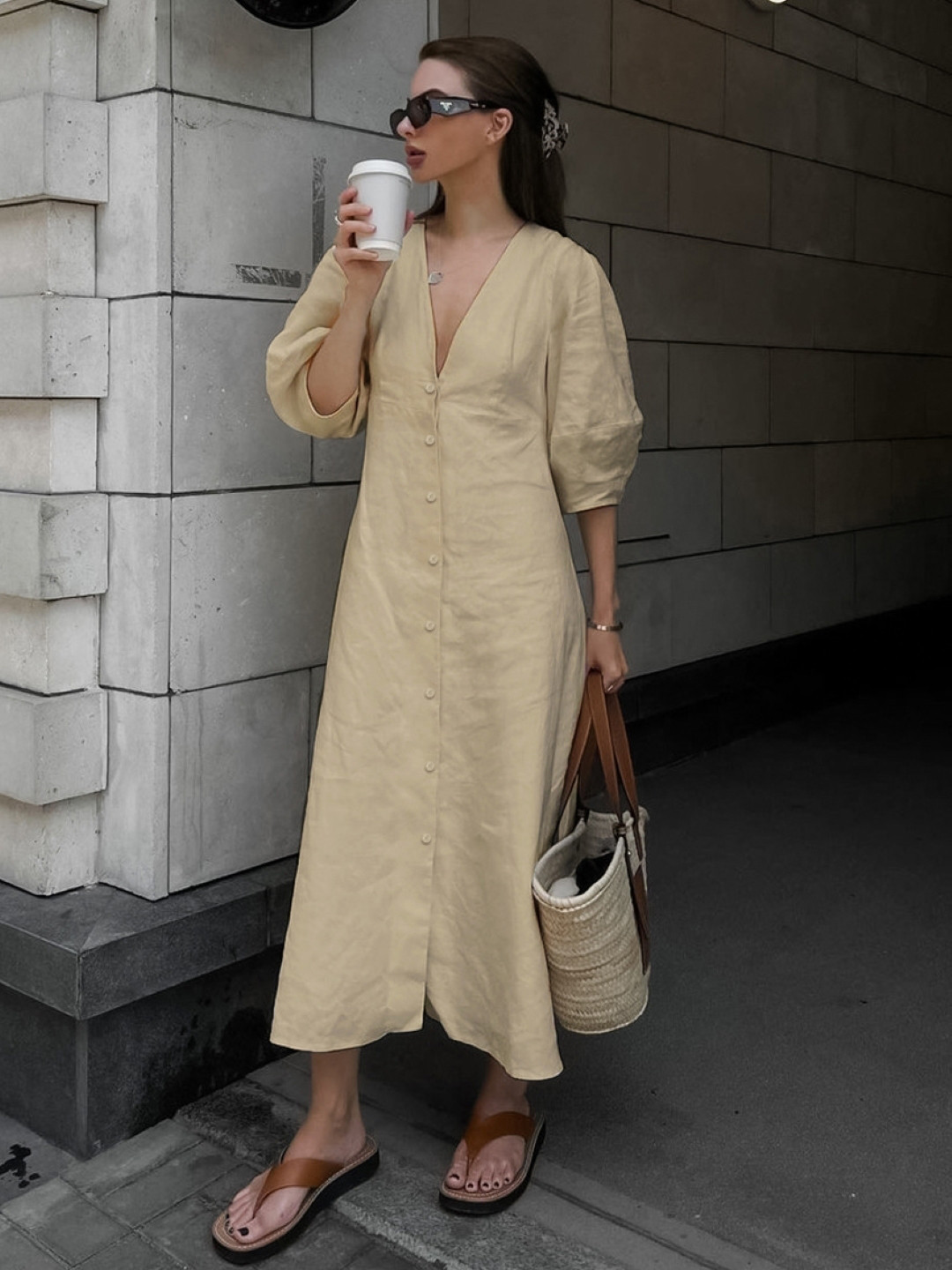 KPOP Women's Puff Sleeve A-Line Maxi Dress