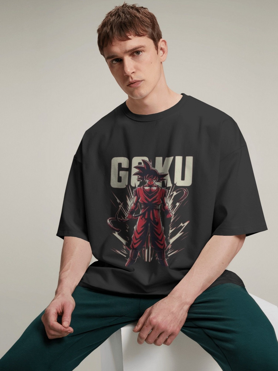 Silver Moon Clothing Men Dragon Ball Z Graphic Printed Round Neck Cotton Oversized T-shirt