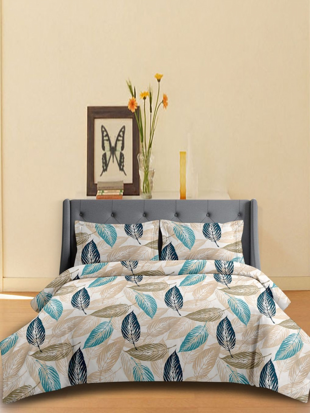 Sheer N Sheets Soft Feel Cream Leaf Polycotton 180 TC Queen Fine Bedsheet with 2 Pillow Covers-90 x 100 inches