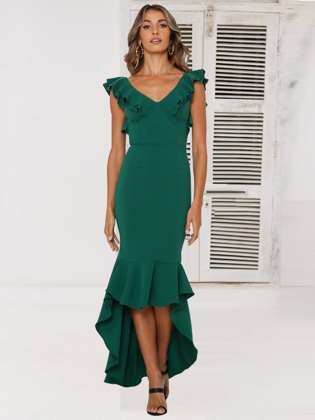 StyleCast Green Flutter Sleeve High-Low Sheath Midi Dress