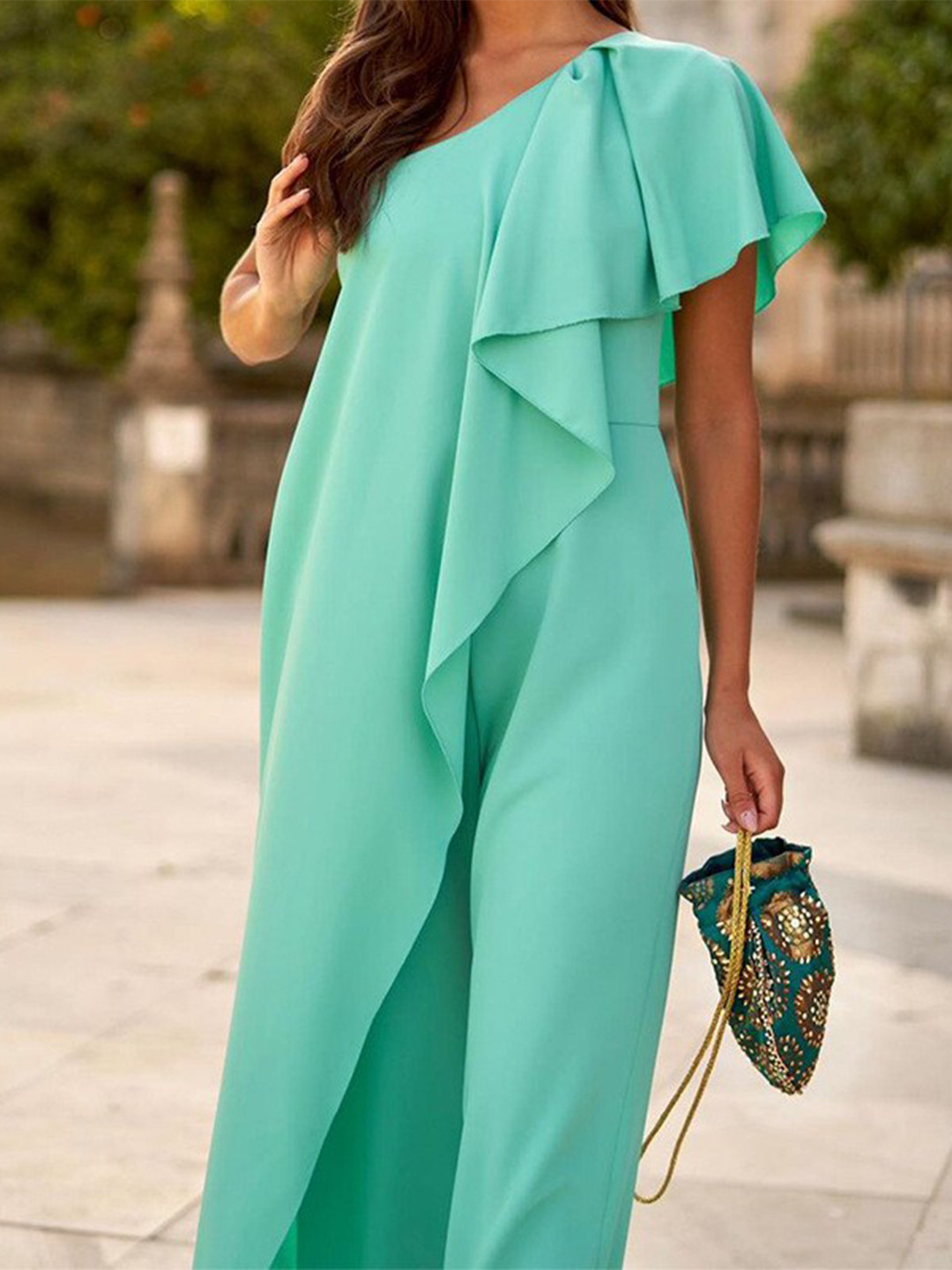 StyleCast Green One Shoulder Ruffles Detailed Jumpsuit