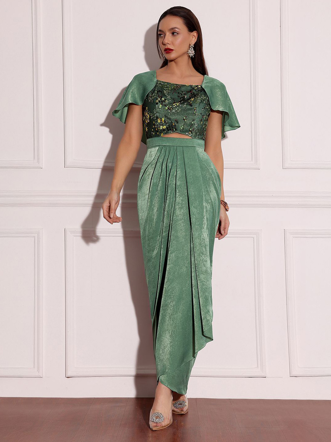 Green Floral Embellished Satin Maxi Dress