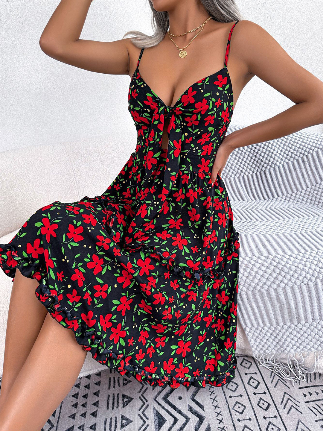 StyleCast Black & Red Floral Print Shoulder Strap Fit & Flare Midi Dress