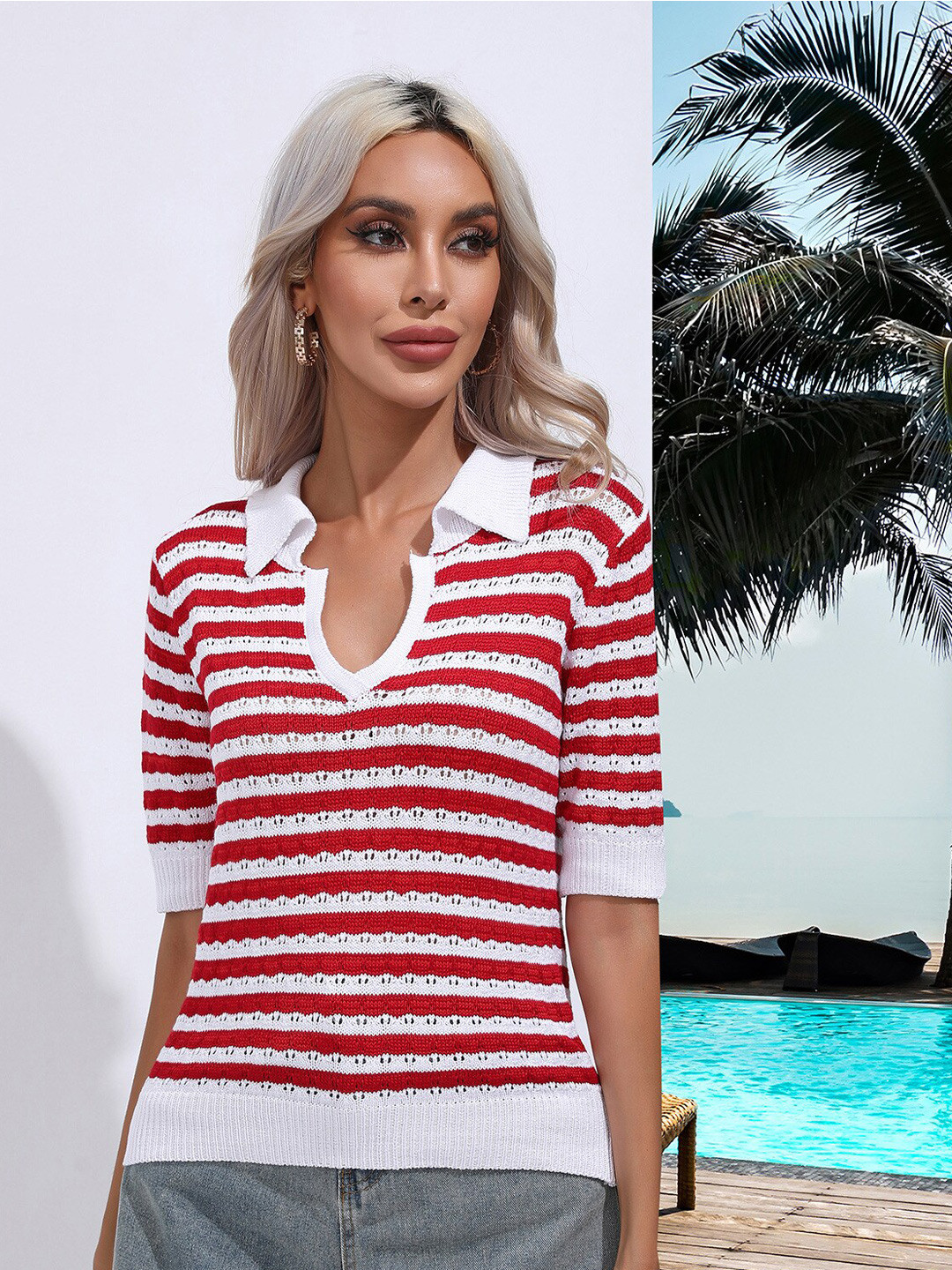 StyleCast Red Shirt Collar Striped Top
