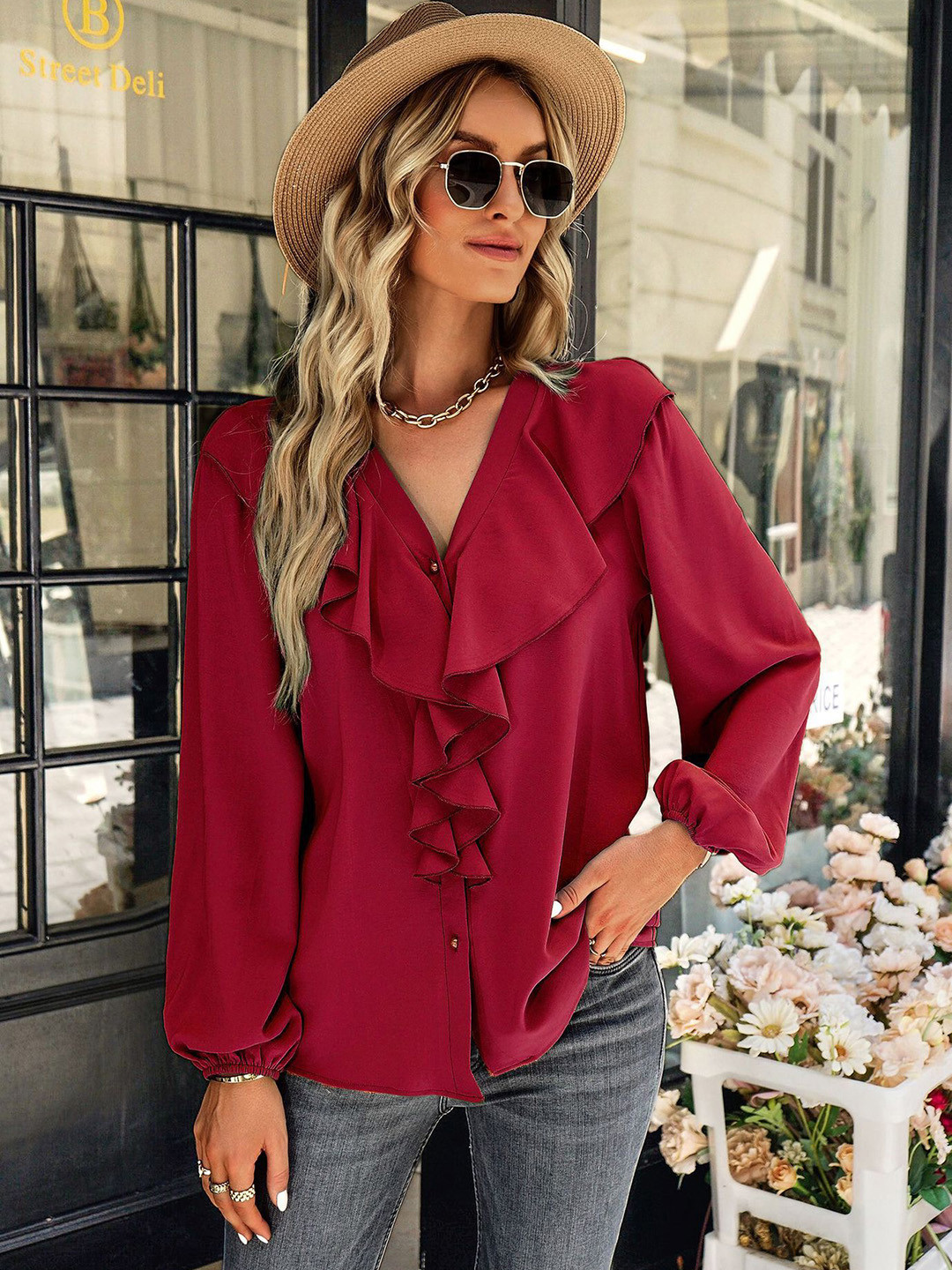 StyleCast Women Maroon V-Neck Long Sleeve Top