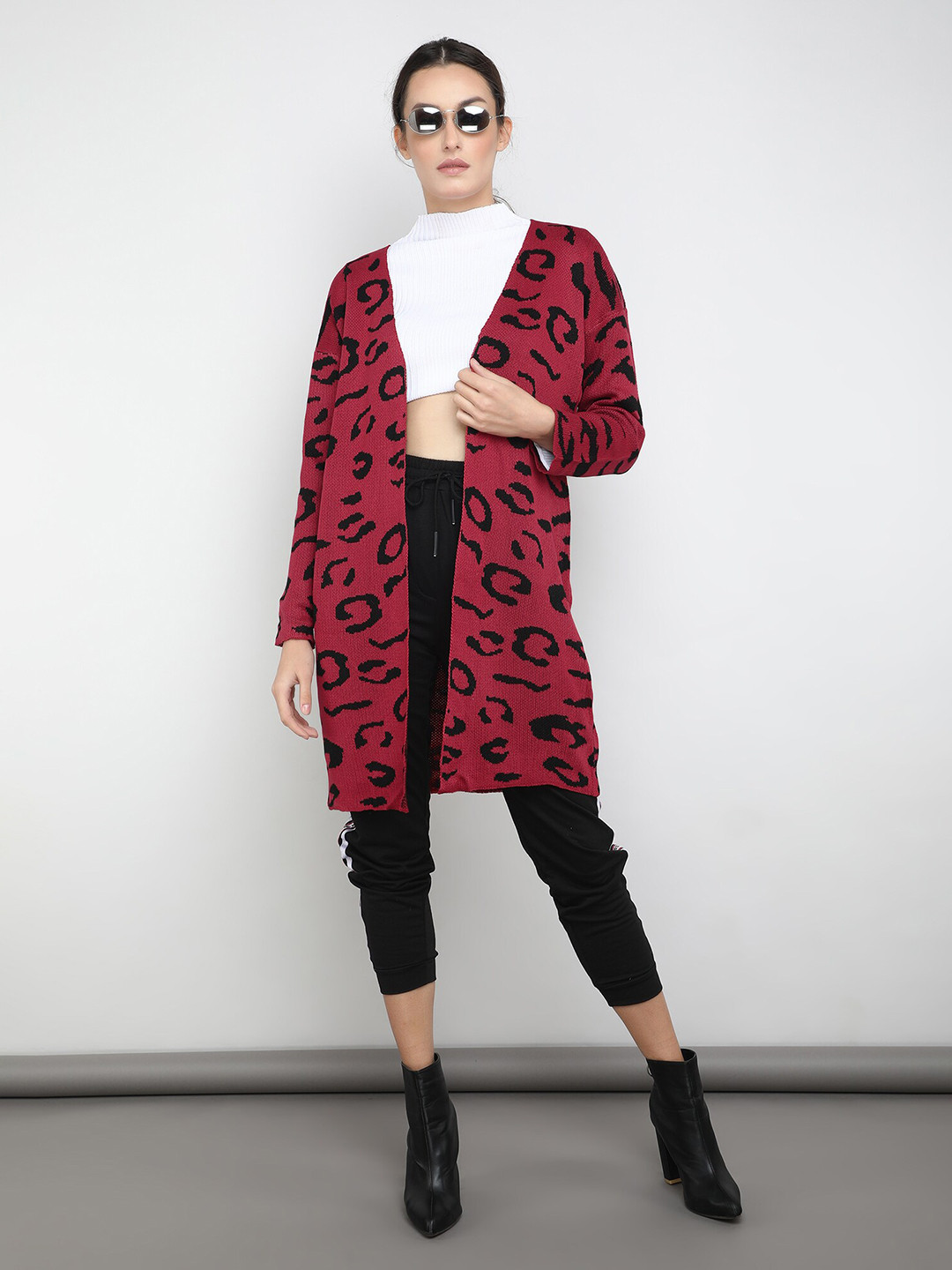 LULU & SKY Animal Self Design Longline Front-Open Sweater