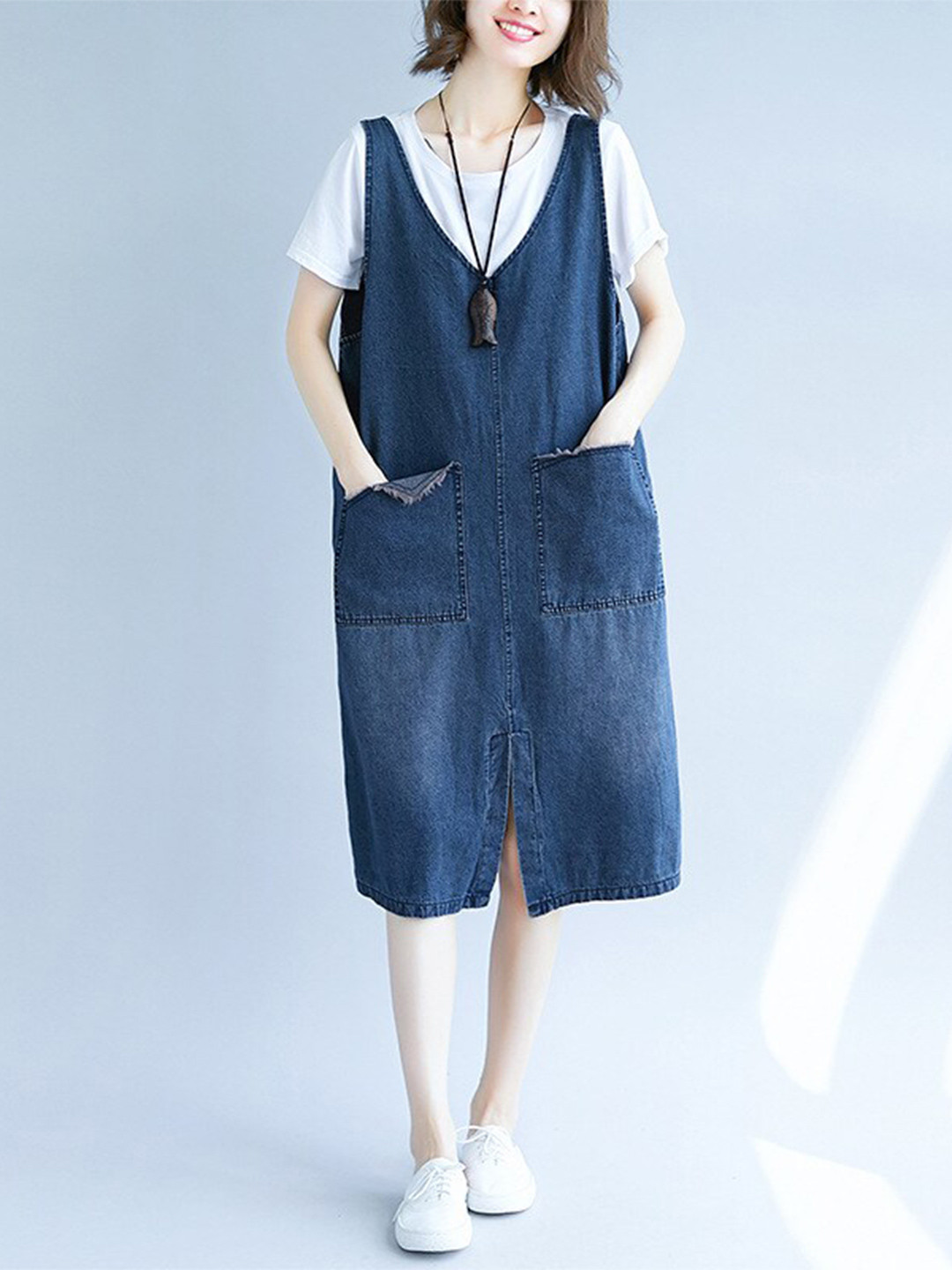 StyleCast x Revolte V-Neck Sleeveless Frayed Denim Cotton Pinafore Midi Dress