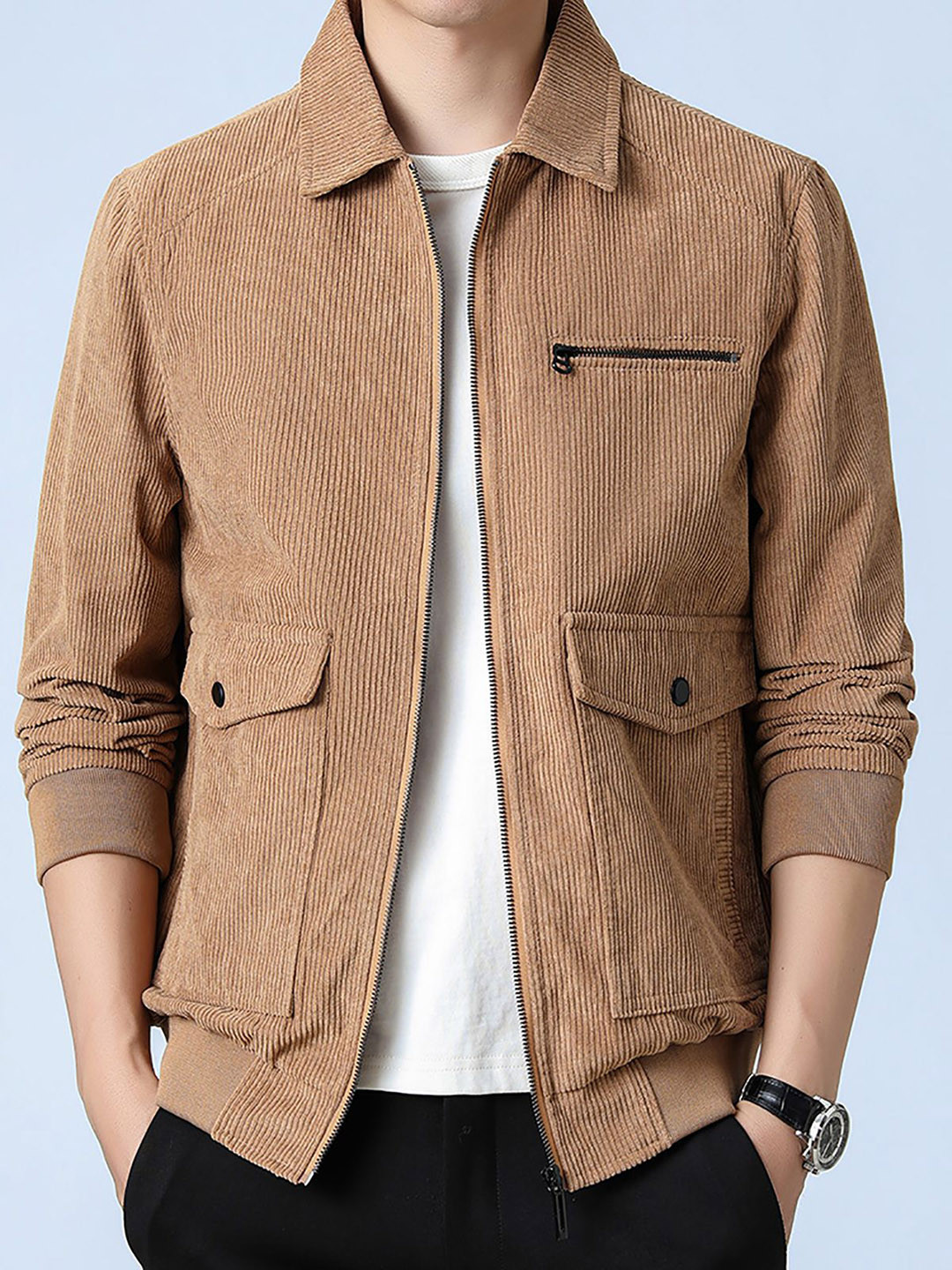 Men's Rust Casual Corduroy Jacket with Spread Collar
