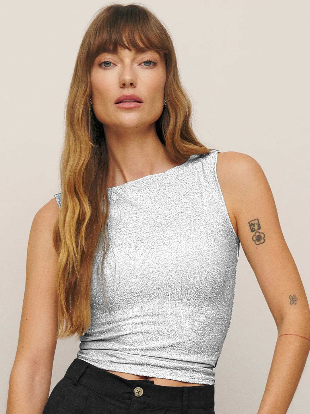 StyleCast Women Solid Boat Neck Nylon Top