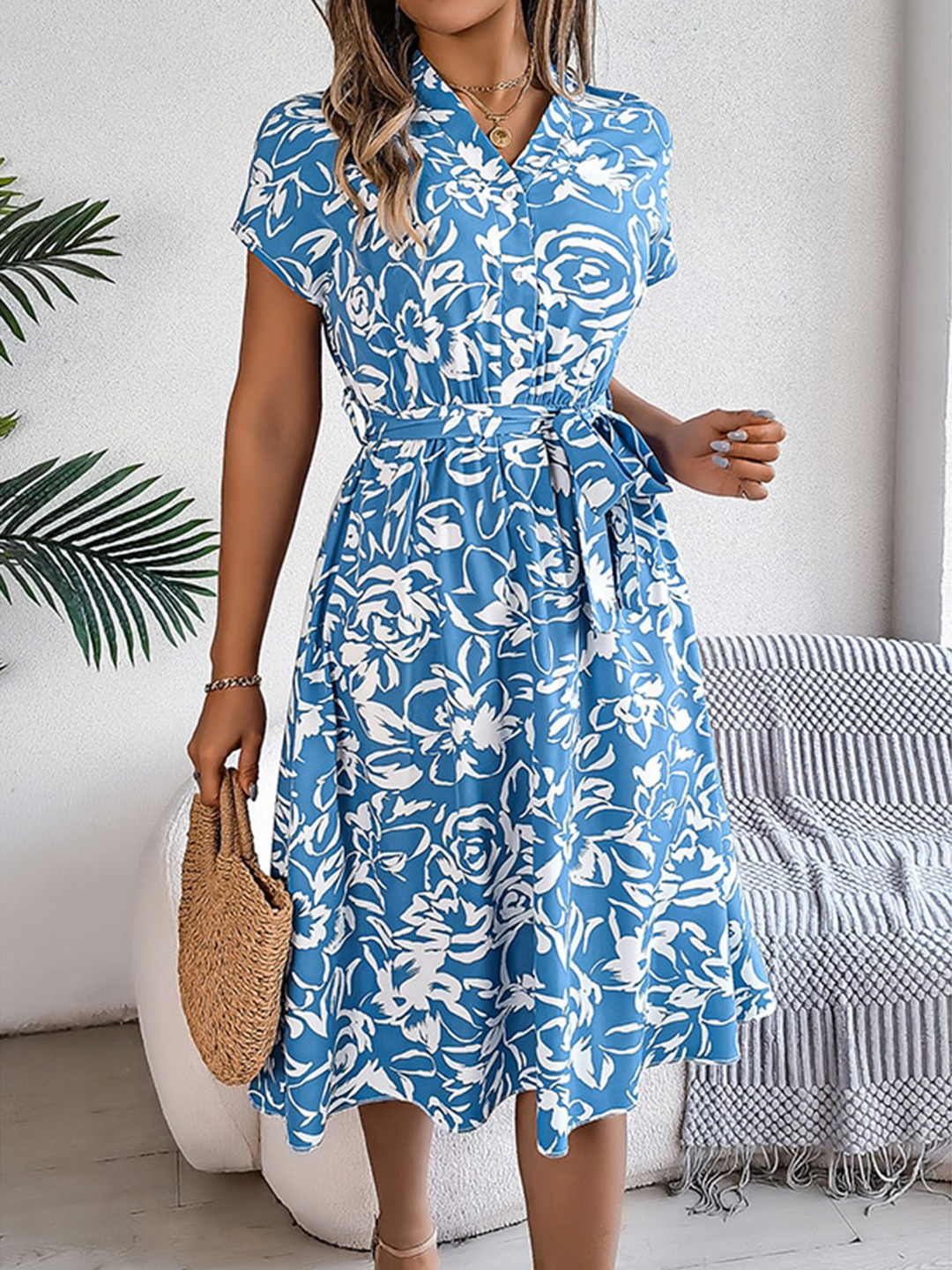 StyleCast x Revolte Women V-Neck Cap Sleeves Floral Print Tie-Ups Fit and Flare Midi Dress