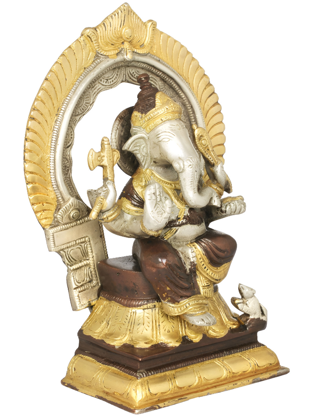 Exotic India Sitting Lord Ganesha with Prabhavali Gold Brass Metallic Prayer Room Hand Made Medium Showpiece - 9.3 Inches