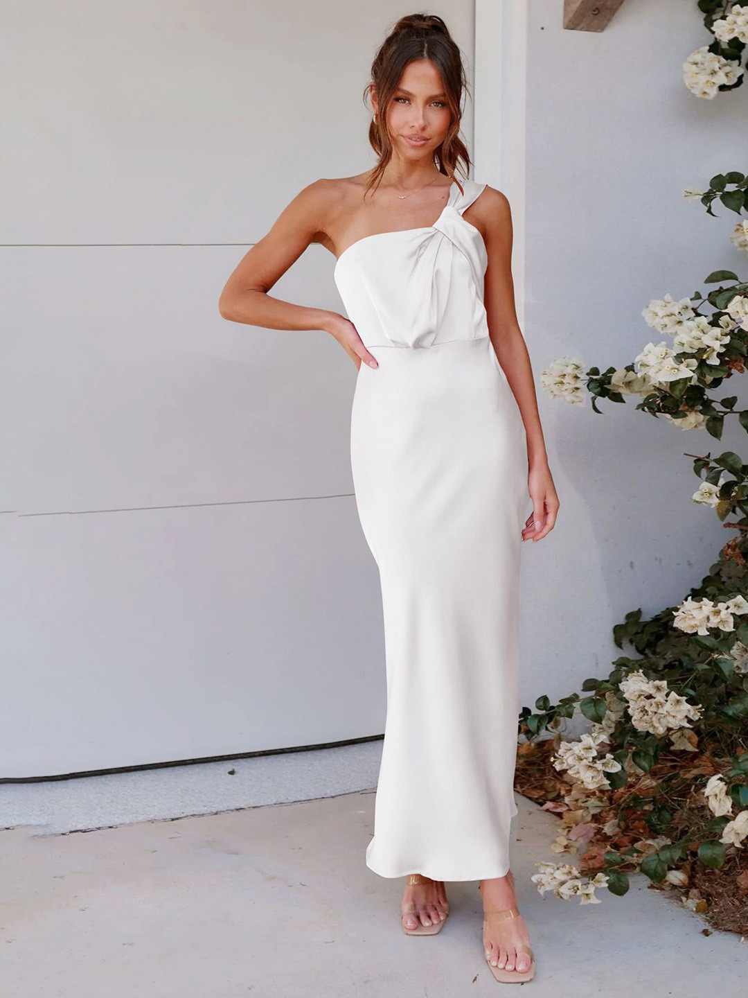 LULU & SKY White One Shoulder Sheath Maxi Dress