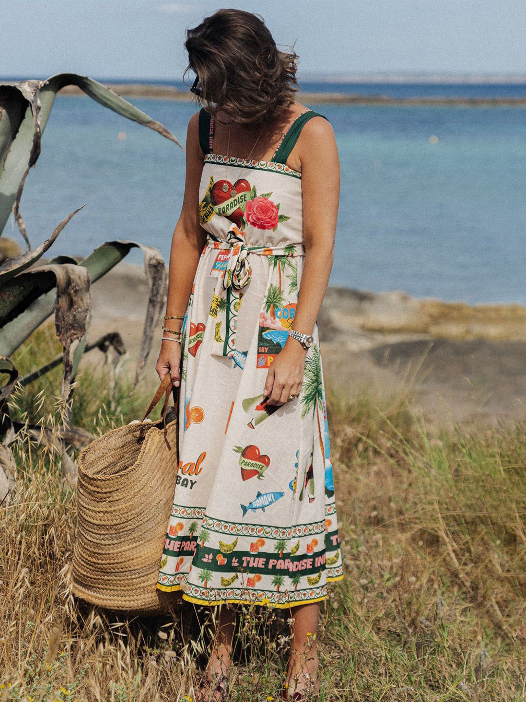 StyleCast x Revolte Graphic Printed Belted A-Line Midi Dress