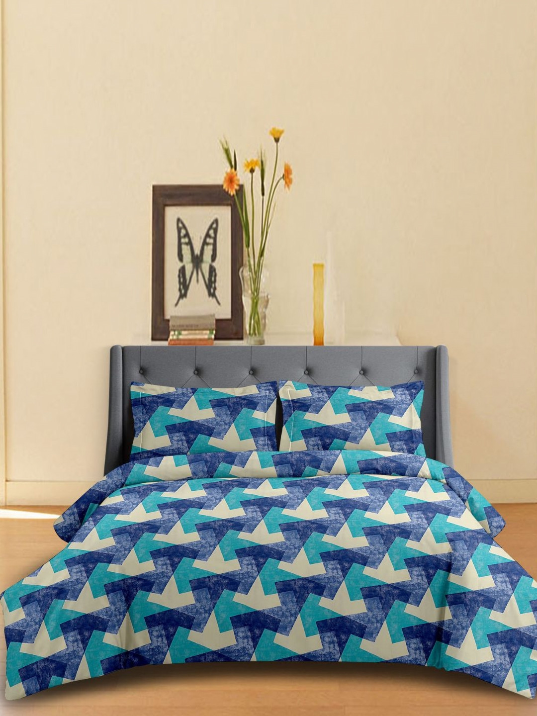 Sheer N Sheets Blue Geometric Cotton 180 TC Queen Bedsheet with 2 Pillow Covers-90 x 100 inches