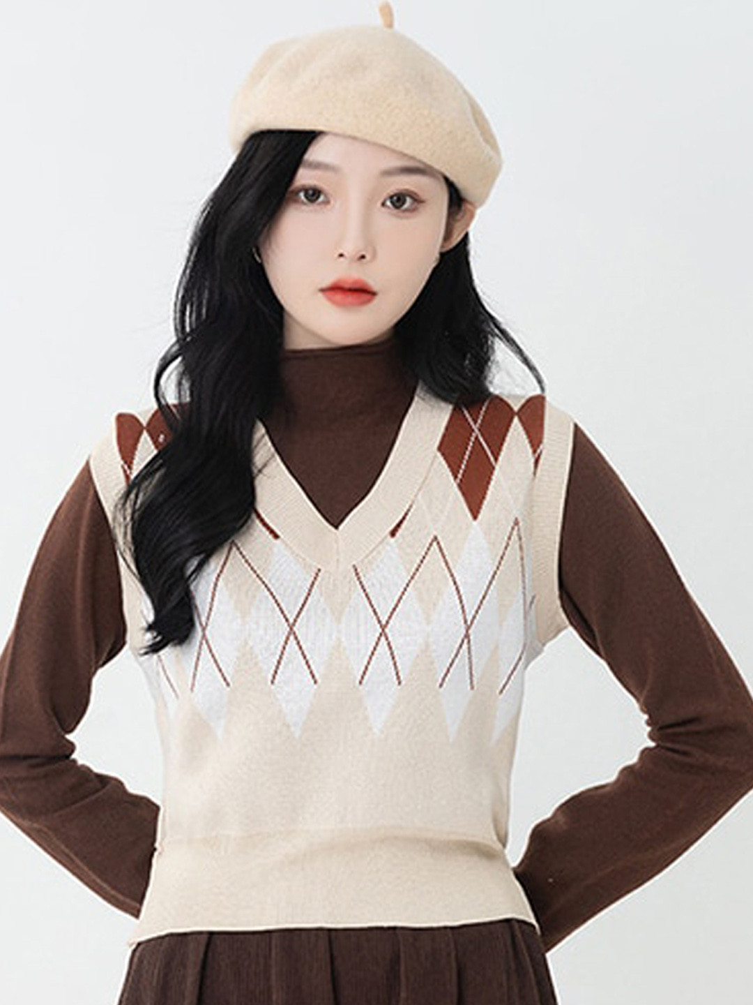 StyleCast Beige Checked Sweater Vest