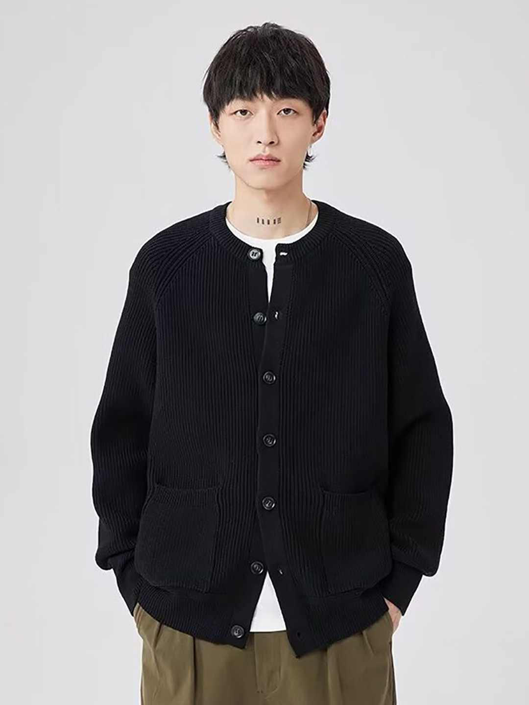 StyleCast x Revolte Men Ribbed Self Design Henley Neck Cardigan Sweater