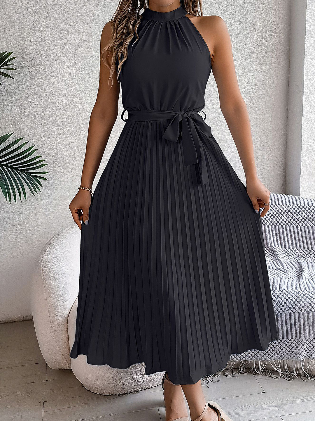StyleCast x Revolte Women Halter Neck Accordion Pleats Maxi Fit and Flare Dress