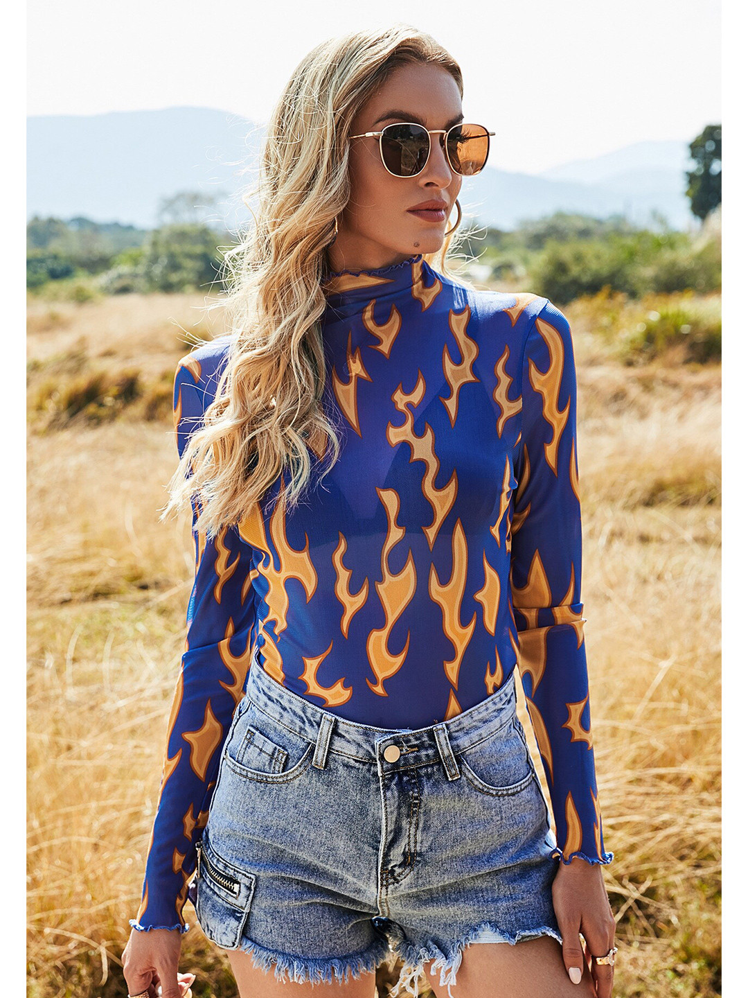 StyleCast Blue & Yellow High Neck Printed Fitted Tops