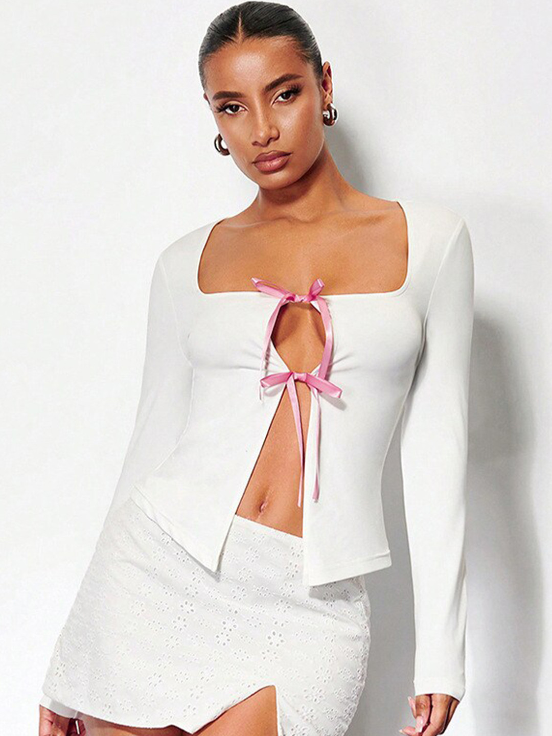 StyleCast x Revolte White Square Neck Long Sleeves Top