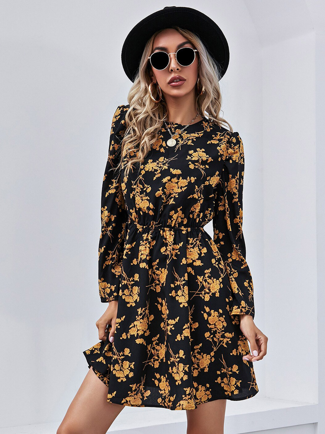 StyleCast Floral Print Long Sleeves Round Neck Cotton Fit & Flare Dress