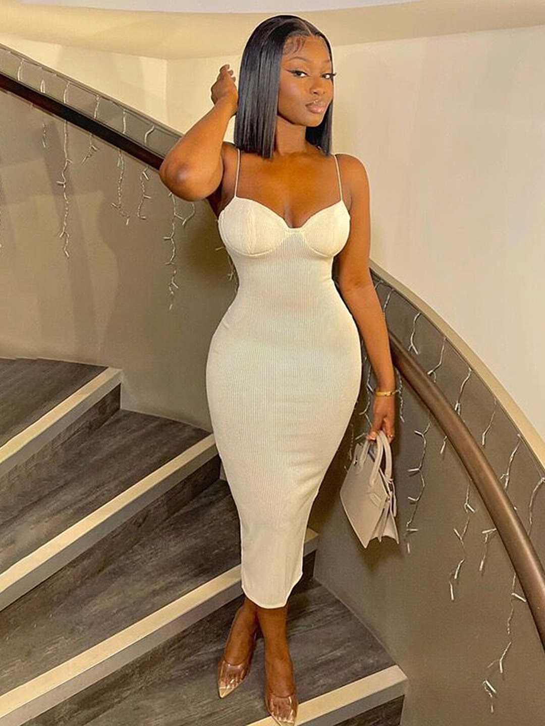 LULU & SKY White Sleeveless Midi Bodycon Dress