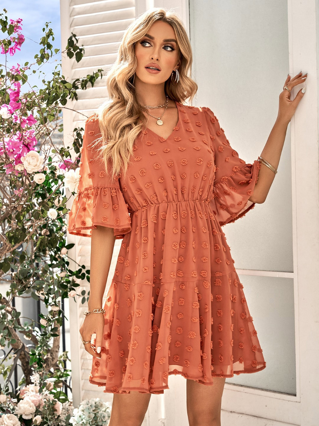 StyleCast Orange Self Design Bell Sleeve Flare Dress