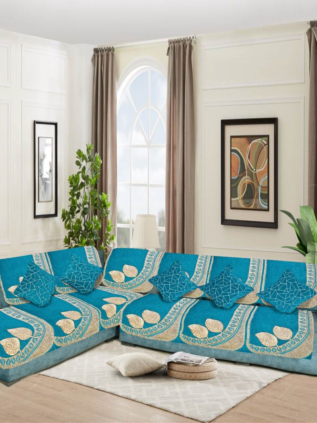 SAWNA HOMES Blue 6 Seater Embroidered Velvet L Shape Sofa Cover With Coushion Covers