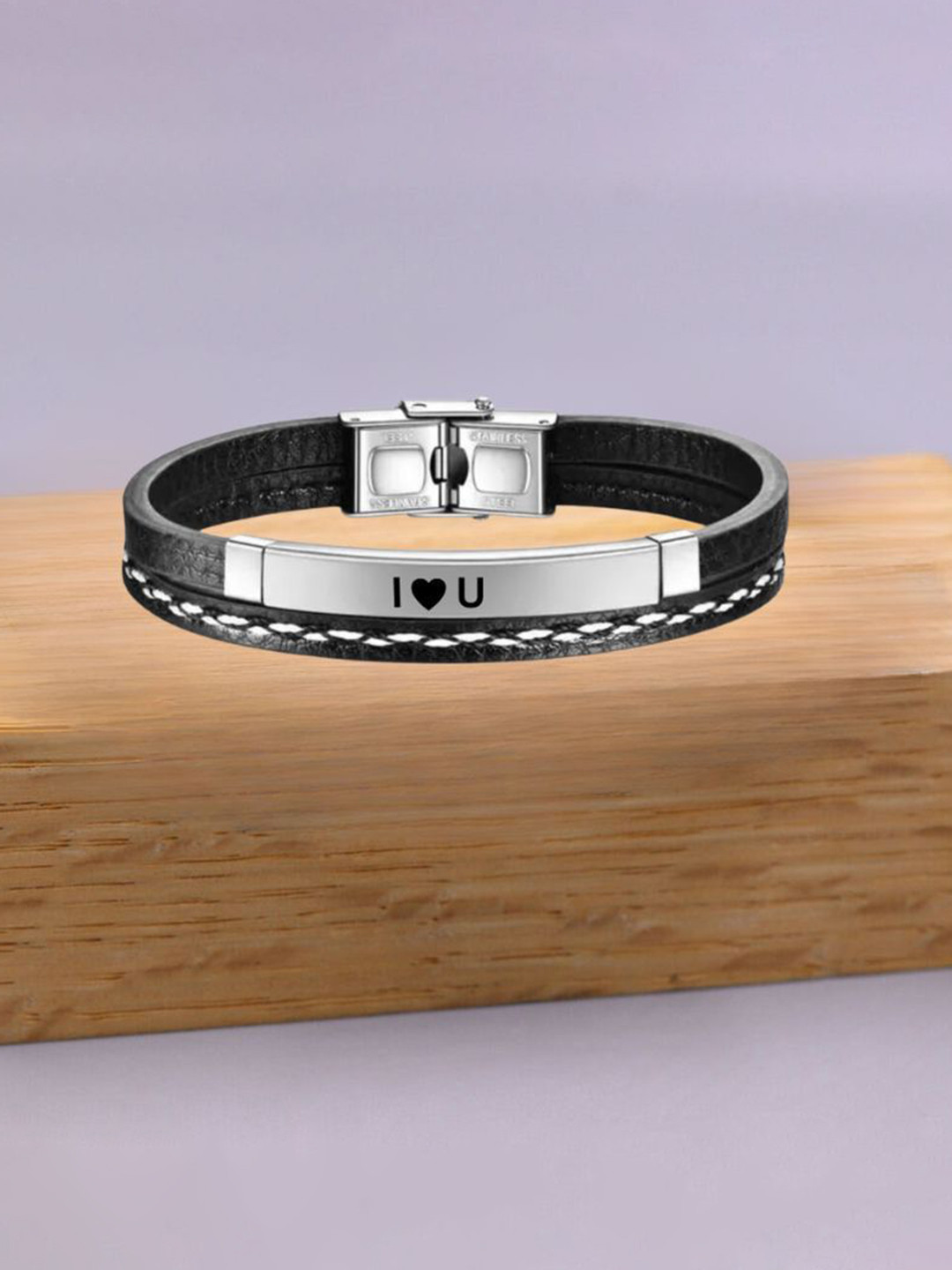 M Men Style Silver-Plated Stainless Steel I love Leather Wraparound Bracelet