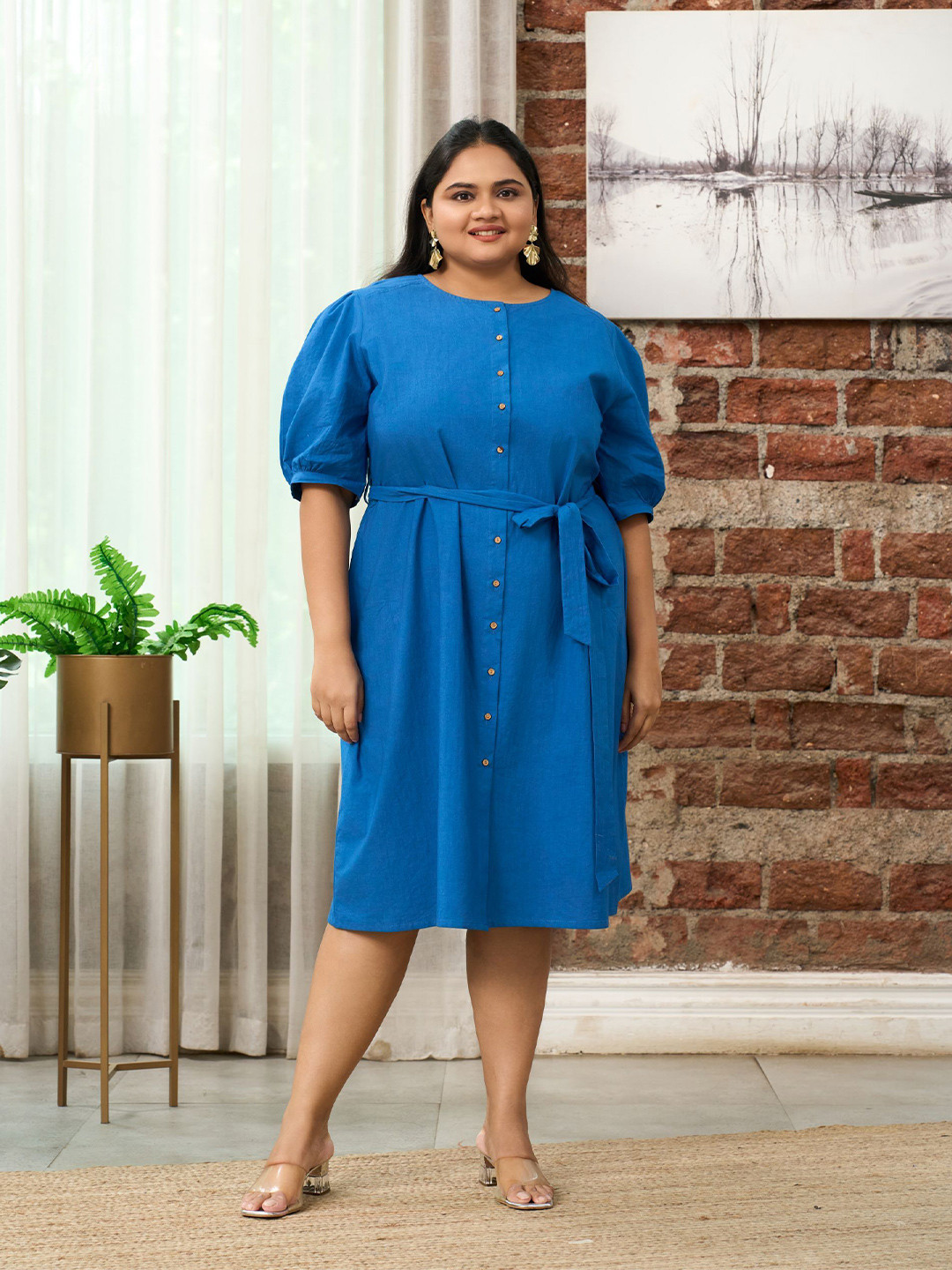 NANGALIA RUCHIRA Cobalt Blue Button-Down Tie-Ups Detail Shirt Midi Dress With Belt