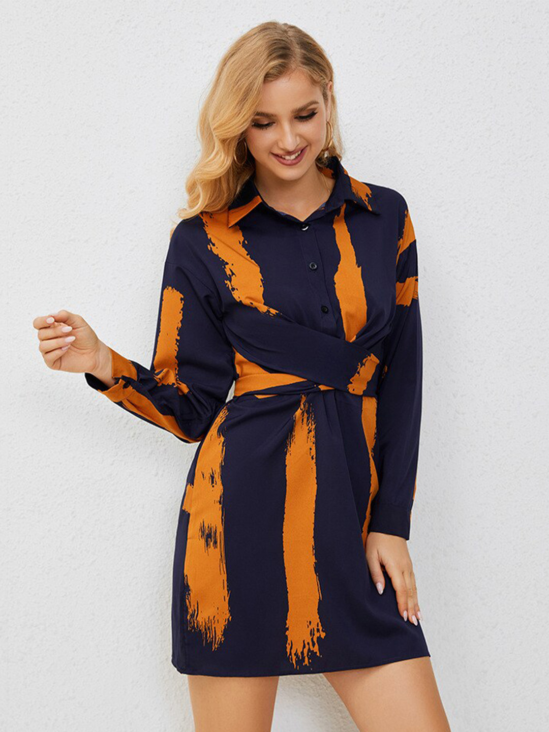 StyleCast Navy Blue & Orange Abstract Printed Shirt Mini Dress