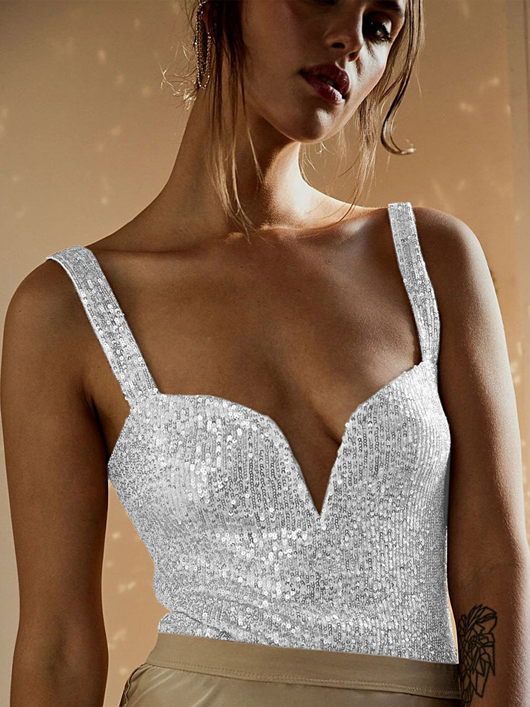 LULU & SKY Silver-Toned Sweetheart Neck Crop Top