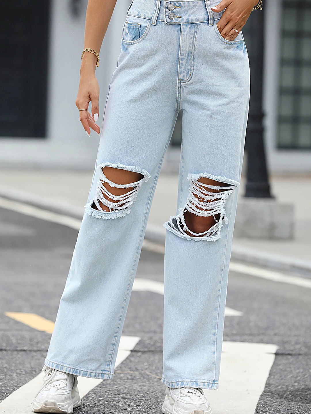 LULU & SKY Women Straight Fit High-Rise Mildly Distressed Heavy Fade Ripped Jeans