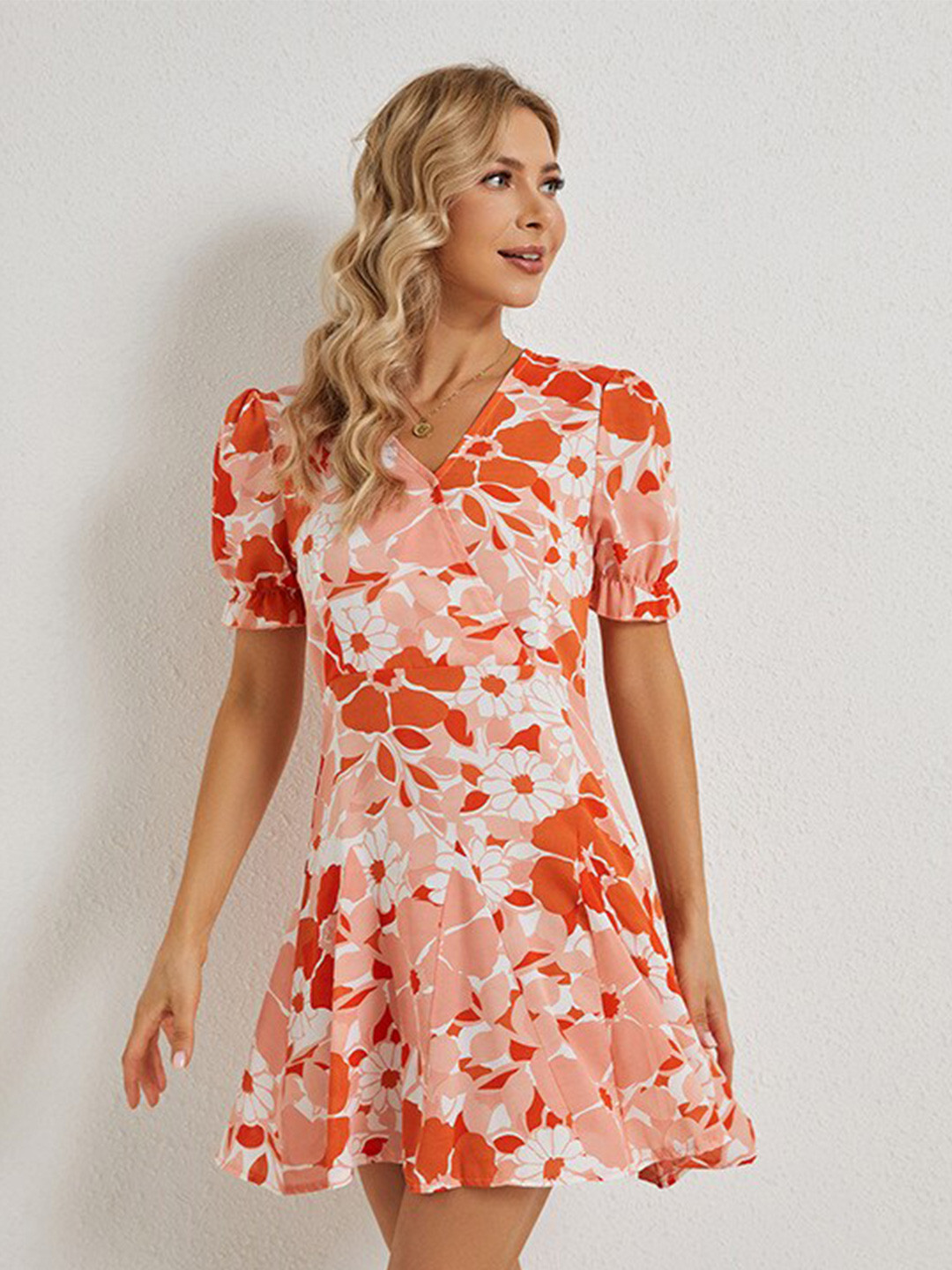 StyleCast Pink Floral Print Puff Sleeve Fit & Flare Mini Cotton Dress