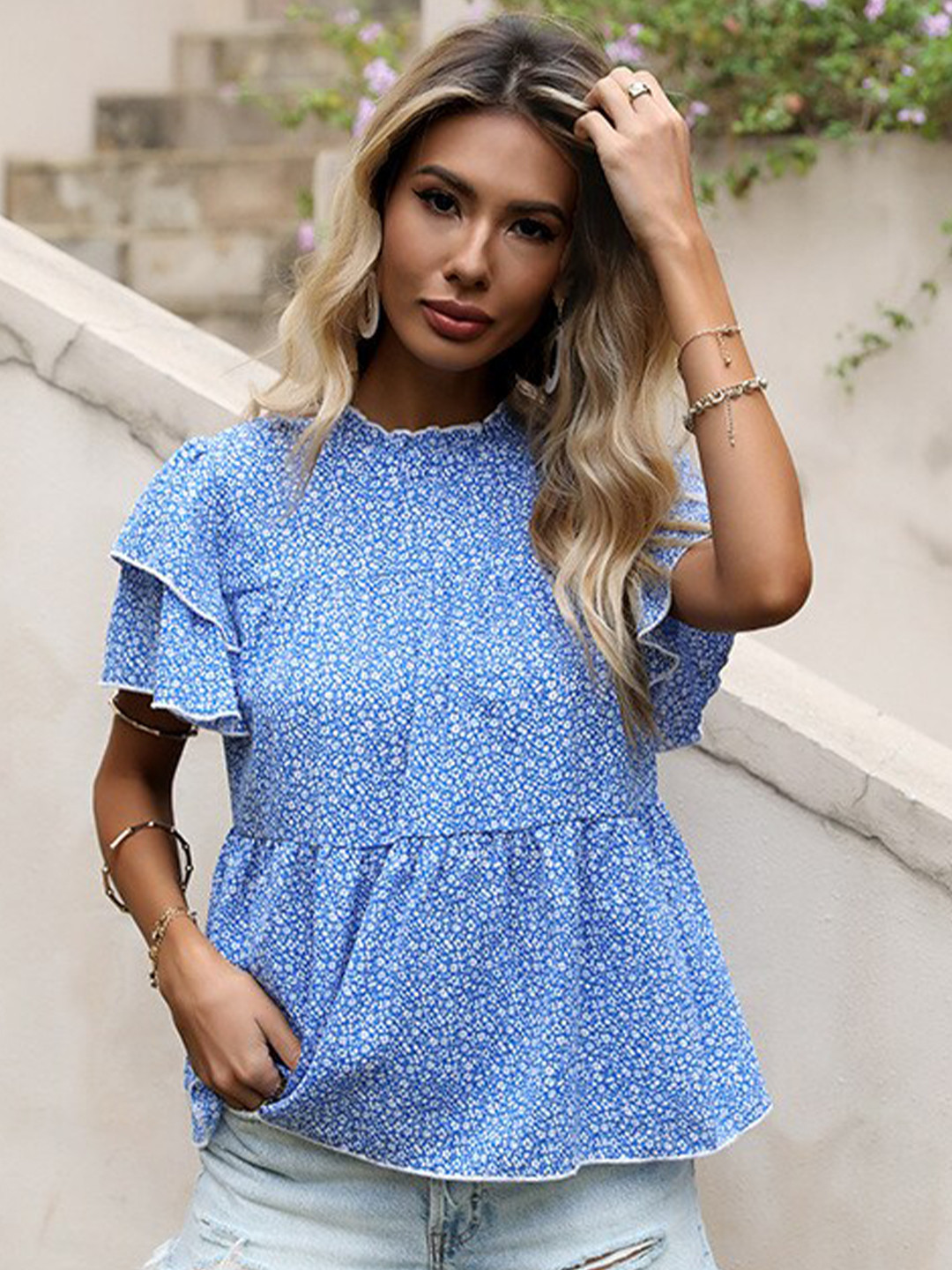 StyleCast Women Blue Floral Print Top